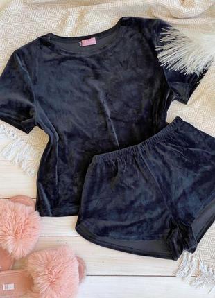 Женская пижама, ночное белье комплект двойка плюш велюр шорты футболка черный