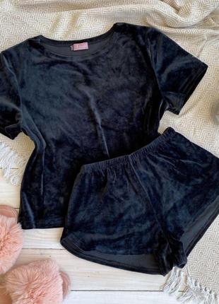 Женская пижама, ночное белье комплект двойка плюш велюр шорты футболка черный2 фото
