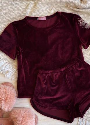 Женская пижама, ночное белье комплект двойка плюш велюр шорты футболка бордо1 фото