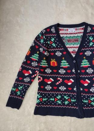 Синий разноцветный новогодний свитер с пуговицами кардиган кофта батал большого размера