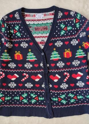 Синий разноцветный новогодний свитер с пуговицами кардиган кофта батал большого размера