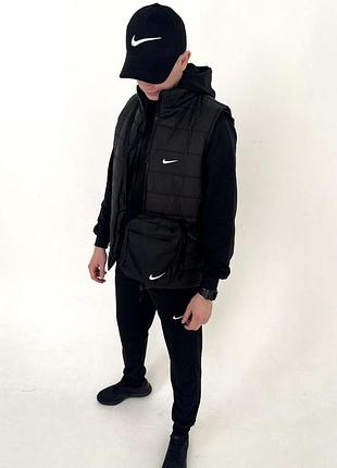 Чоловічий спортивний костюм nike 7в1 чорний найк жилетка + футболка + месенджер + кепка + шкарпетки