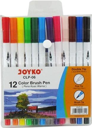 Фломастеры 12 цветов двухсторонние кисточка/линер joyko