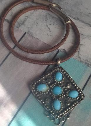 Кулон винтаж металл кожа стекло