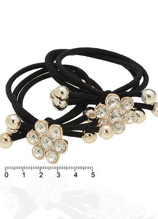 Резинка для волос тройная 5 см "цветок со стразами" черная (упаковка 20 шт)