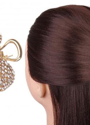 Краб для волос металлический золотистый с камнями "бантик"