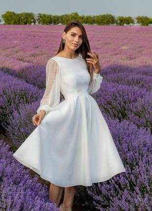 Платье белое однотонное миди с шифоновыми рукавами юбка солнце качественная стильная