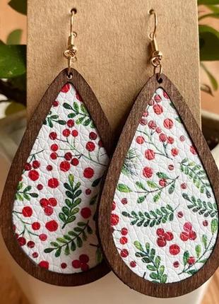 Дерев'яні сережки крапля з малюнком