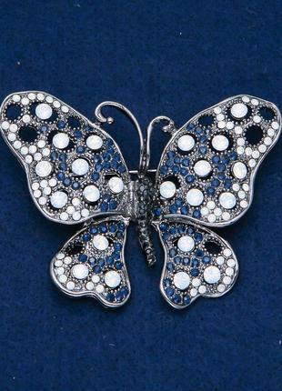 Брошка бабочка метелик сріблистий метал, чорні, сині і білі стрази