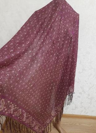 Большой  невесомый шелковый платок с бахрамой 100% шелк  индия2 фото
