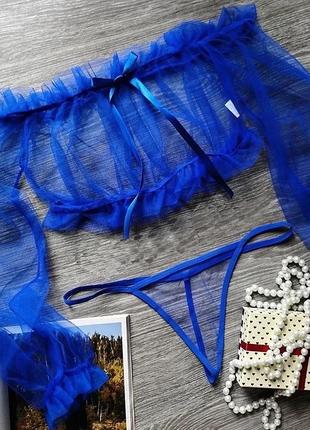 Сексуальный комплект нижнего белья: трусики и топ прозрачный синий1 фото