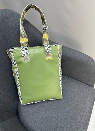 Дизайнерська натуральна сумка шопер фісташка велика шкіра пітон2 фото