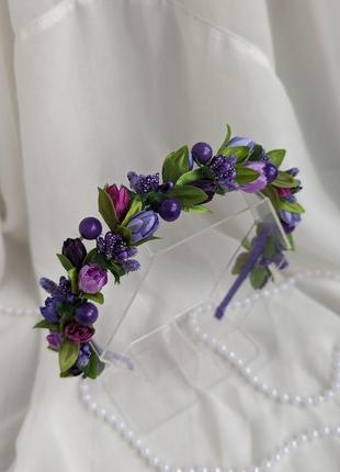 Обруч ободок с фиолетрвимы и сиреневыми цветочками4 фото