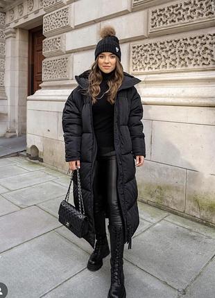 Ультрадлинный черный пуховик пух+перо zara