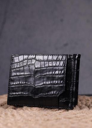 Надежный зажим для мужчин с монетницей из натуральной кожи с тиснением под крокодила karya 21345 черный8 фото