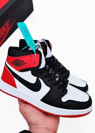 Кроссовки высокие nike air jordan 1 retro high белые с черным/красным, кеды, хайтопы