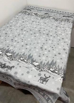 Скатертина новорічна сніжинки 150*220 см тканина льон синього кольору8 фото