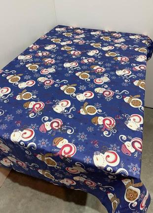 Скатертина новорічна сніговики 120*150 см тканина льон синього кольору