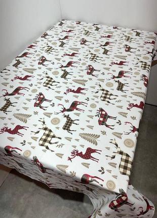 Скатертина новорічна сніговики 120*150 см тканина льон зеленого кольору5 фото