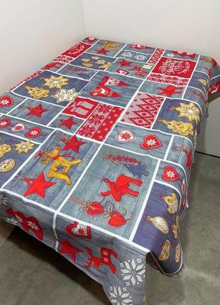 Скатертина новорічна синиці та горобина 120*150 см тканина льон білого кольору4 фото