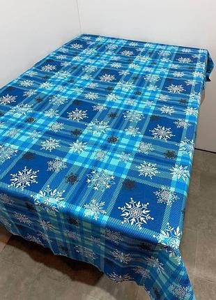 Скатерть  новогодняя снежинки 120*150 см ткань лен синего цвета