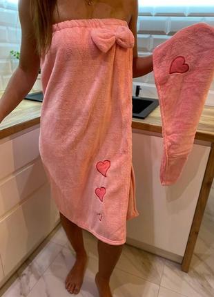 Набор для сауны женский  из 2 предметов полотенце на резинке + чалма микрофибра пушистая сиреневого цвета5 фото