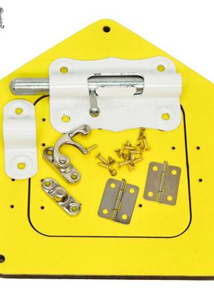 Цветная заготовка для бизиборда домик - дверка (6 мм) + шпингалет и замочек, 17х14 см полный комплект, жёлтый2 фото