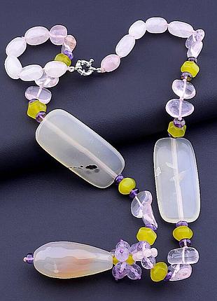 053441 намисто агат, рожевий кварц, пренит 58 см