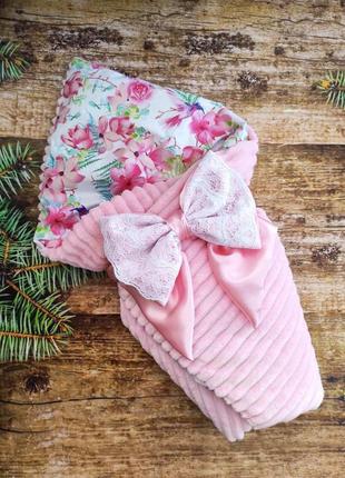 Летний плюшевый конверт одеяло для новорожденных девочек, розовый с принтом1 фото