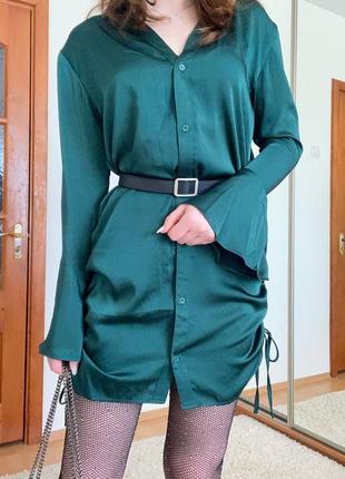 Сукня-сорочка, плаття сатин/атлас смарагдова, рукава кльош з затяжками4 фото