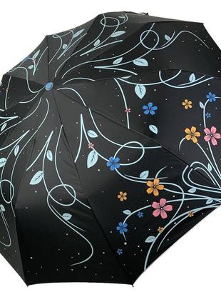 Женский зонт полуавтомат от bellissimo, черный с цветами, ручка голубая, м0529-2