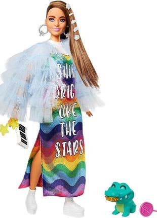Лялька барбі екстра модниця в довгому райдужному плаття barbie extra style