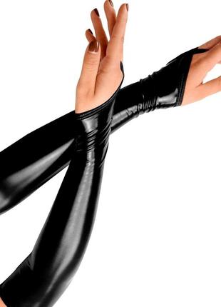 Виниловые миттинки art of sex - lora длинные, размер m, цвет черный