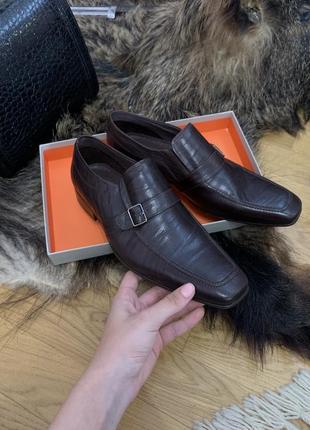 Кожаные мужские туфли темно коричневого черного цвета вечерние классические туфли santoni1 фото
