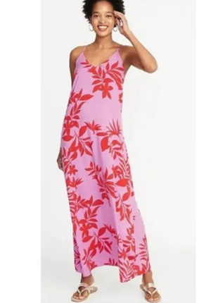 Пурпурно-розовое платье макси с тропическим листом гибискус1 фото
