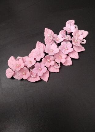 Свадебная веточка с розовыми цветами из полимерной глины для невесты4 фото