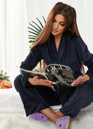 Велюровий домашній комплект синій (халат+ штани) xs-m