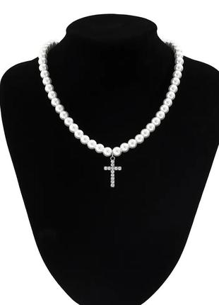 Стильная модная трендовая подвеска  мужская чокер ожерелье с жемчугом крестик с цирконом6 фото