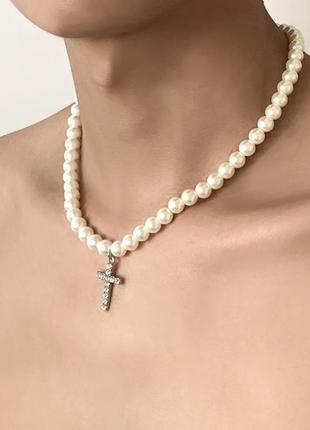 Стильная модная трендовая подвеска  мужская чокер ожерелье с жемчугом крестик с цирконом