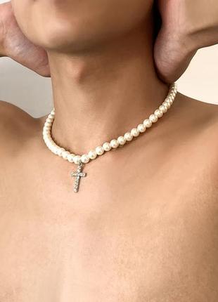 Стильная модная трендовая подвеска  мужская чокер ожерелье с жемчугом крестик с цирконом2 фото