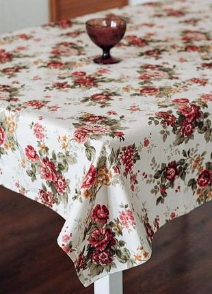 Скатерть тефлоновая водоотталкивающая хлопковая цветы букеты розы бордовые оричневые