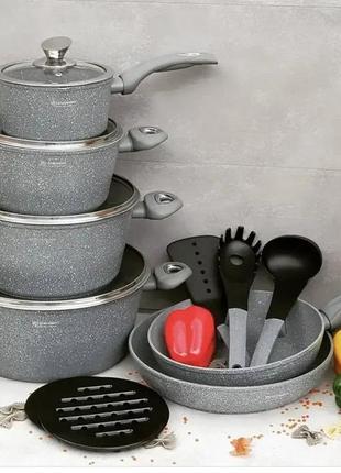 Набор кухонной посуды 15 предметов edenberg eb-5620 набор  кастрюль с мраморным покрытием серый