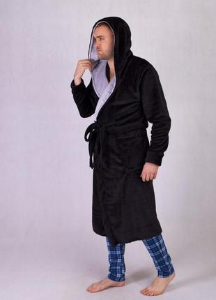 Халат чоловічий з подвійним капюшоном махровий однотонний теплий чорний 44-58р