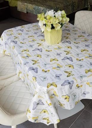 Скатертина тефлонова водовідштовхувальна бавовняна метелики жовті сірі