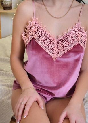 Комплект піжама четвірка (халат, майка, штани, шорти) оксамит з мереживом christel 061 рожевий l3 фото