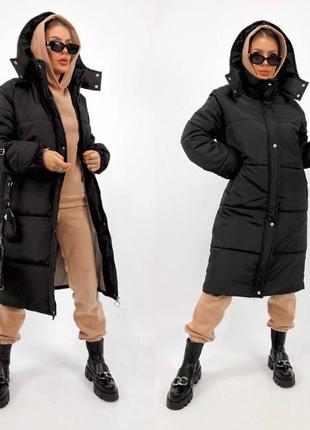 Куртка черная женская зимняя oversize длинная объемная с капюшоном