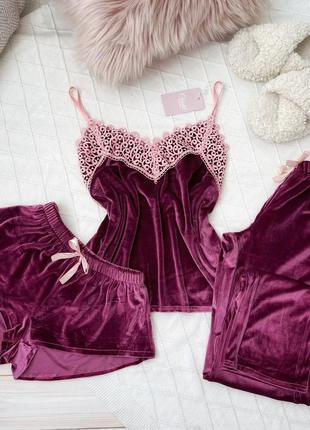 Комплект піжама трійка (шорти, штани, майка) оксамит з мереживом christel 057 рожевий м1 фото