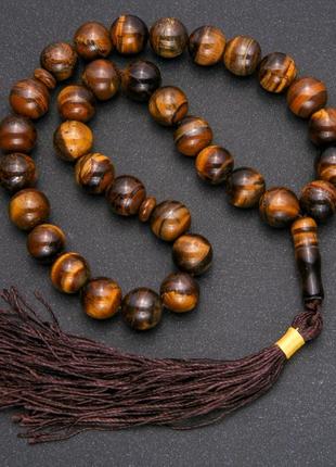 Четки из натурального камня тигровый глаз, 33 бусины, гладкий шарик, d-12 мм + вставка тигровый глаз