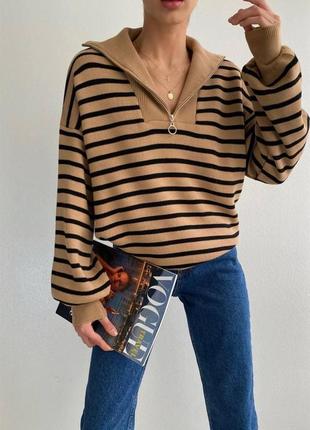 Объемный женский свитер поло оверсайз на молнии, свитер в полоску2 фото