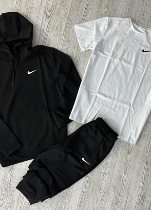 Демісезонний спортивний костюм nike чорний худі + штани (двонитка) + футболка біла nike